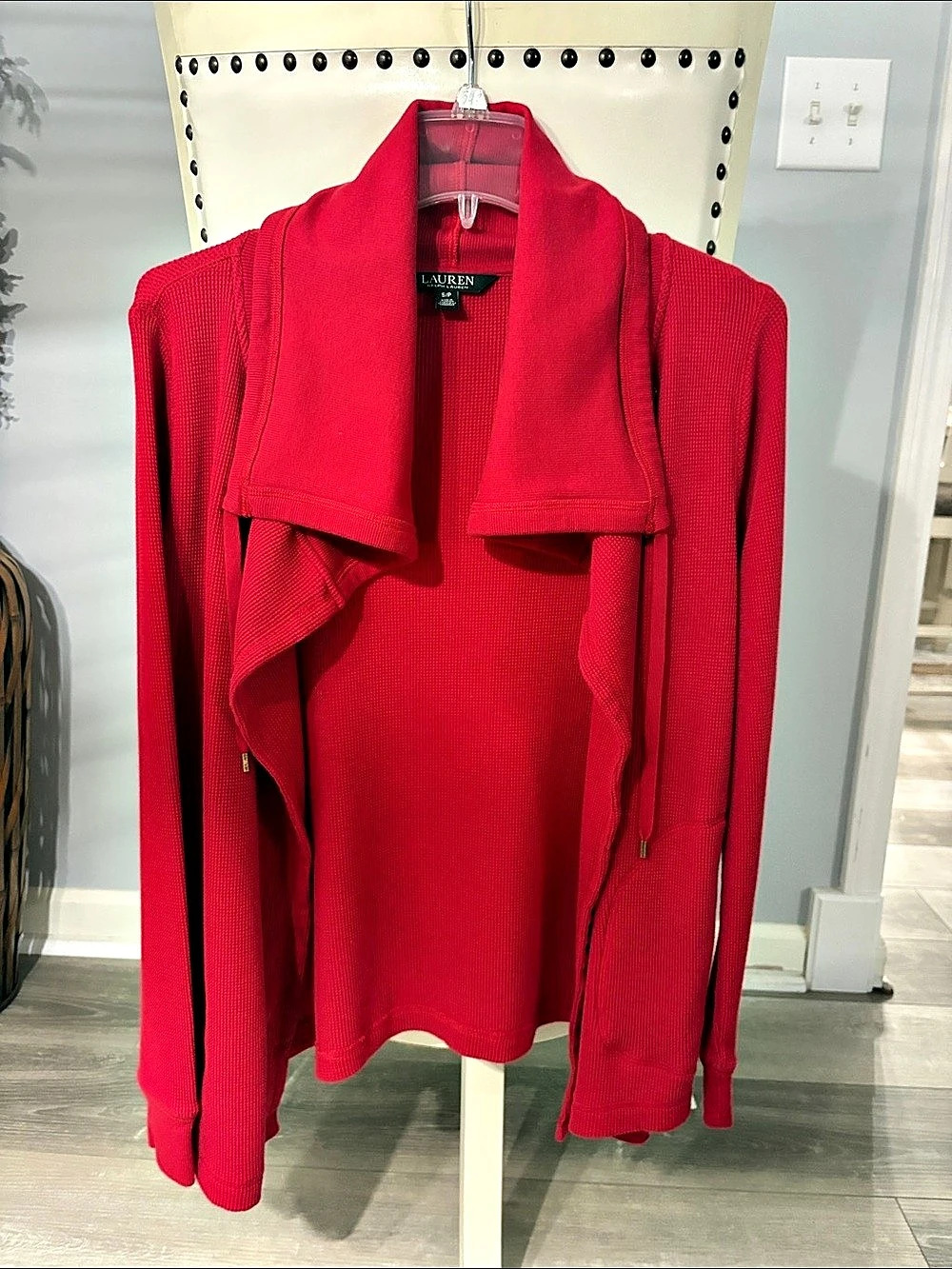 Lauren Ralph Lauren Thermal Waffle-Knit Cardigan Red Textured Zip Jacket Size